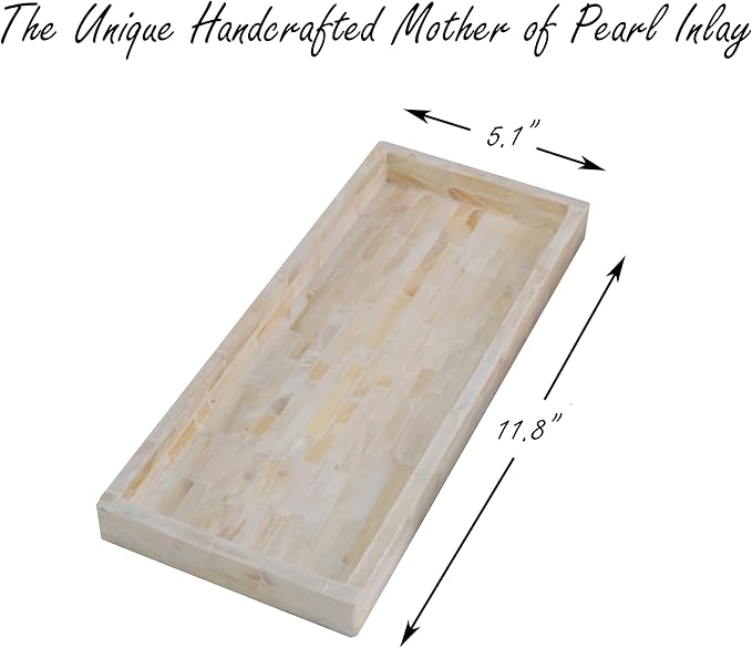 PEMAR Set of 2 Mother of Pearl Vanity Tray for Bathroom Counter, 11" Wooden Organisation Valet Tray for Perfume Makeup Bedroom Dresser Kitchen Sink Countertop Organizer, Toilet Tank (White Tiles)