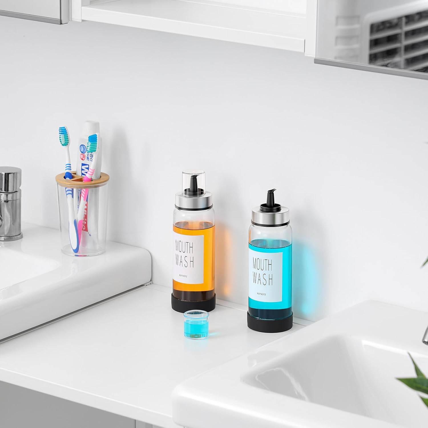 VITVITI 10OZ Mouthwash Dispenser for Bathroom, Glass Mouth Wash Container with Cup Lid, Clear Refillable Mouthwash Bottle Decanter with Silicone Pad/Labels, Set of 2