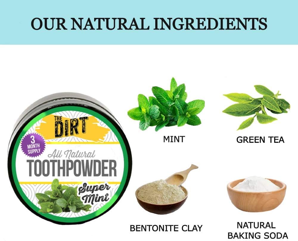 The Dirt - Remineralizing Tooth Powder, Natural Fluoride-Free Teeth Whitening Powder with Hydroxyapatite, Flouride & Gluten Free, Organic Vegan (Super Mint, 25g: 3 Month Supply)