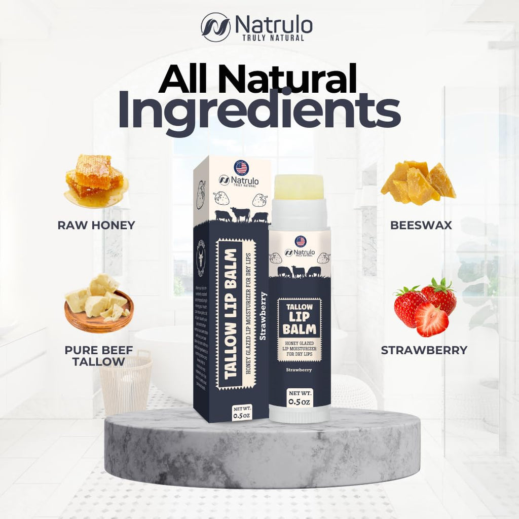 Beef Tallow Lip Balm – Natural Tallow Beeswax Chapstick – Hydrating Moisturizer Grass Fed Tallow Balm Care – Soothes Chapped Dry Lips Sensitive Skin – Long Lasting Vitamin Rich USA-Made, Strawberry