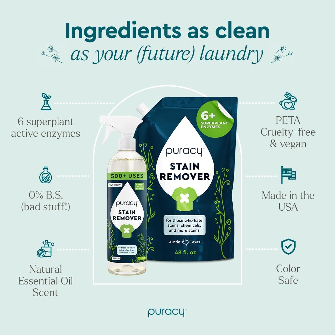 Puracy Stain Remover, Natural Based Travel and Laundry Stain Cleaner for Clothes, Baby Essentials, Kids Stains, Oil and Fabric Spot Cleaner, Unscented (Stain Remover Spray and Refill, 64 fl oz)