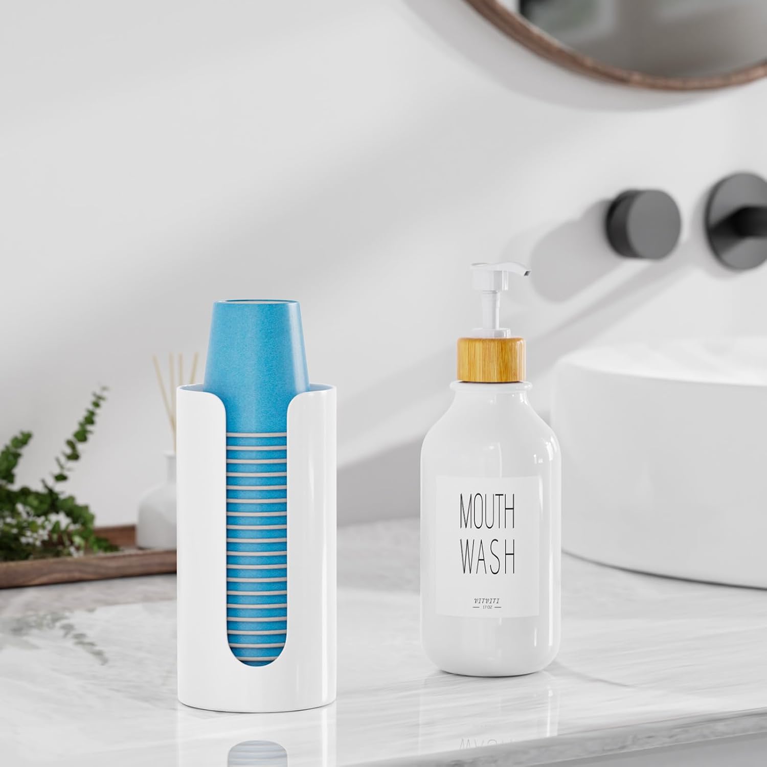VITVITI Mouthwash Dispenser for Bathroom, Mouth Wash Dispenser Wall Mounted with Cup Holder, 17OZ Refillable Mouthwash Pump Container, Plastic/Bamboo/Metal, White