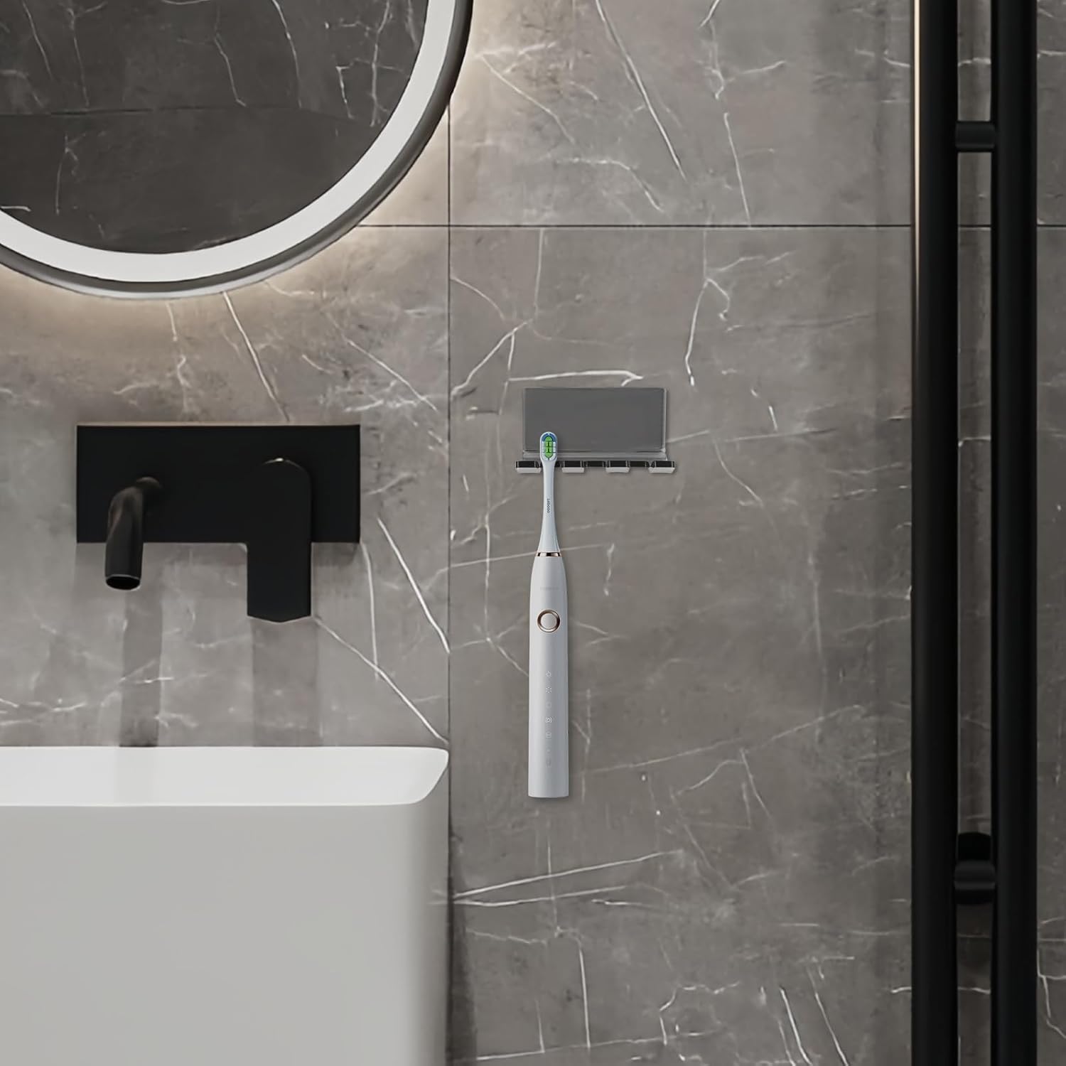 Self Adhesive Toothbrush Holders Wall Mounted, 3 Slots Electric Toothbrush Organizer for Shower, Multipurpose Rack Hanger for Power Plug, Razor, Key(Gray Clear)