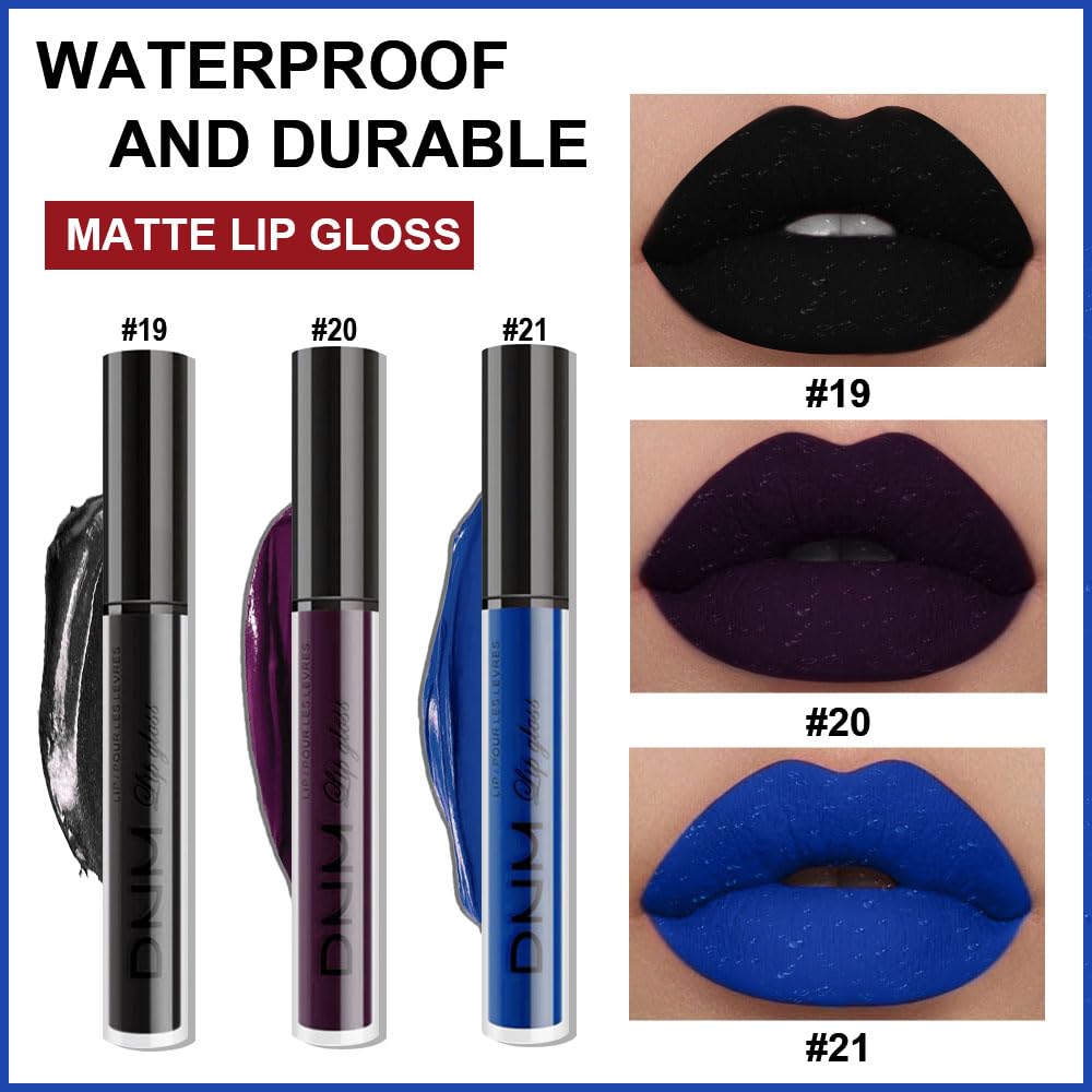 AMY'S DIARY 3Pcs Matte Liquid Lipstick Sets, Blue Dark Black Purple Matte Lipstick Lip Stain Long Lasting 24 Waterproof Lip Gloss Gift Set for Women Lippies (07)