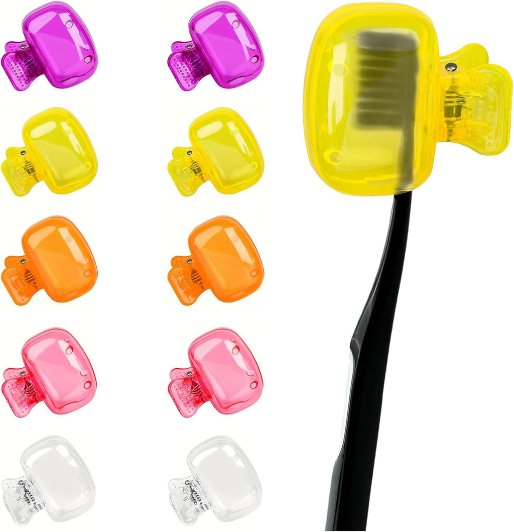 Zoyiancy 10pcs Toothbrush Cover, Toothbrush Protector Case, Travel Tooth Brush Head Pod Case, Toothbrush Cap Plastic Clip for Household Bathroom School (Pink, Purple, Orange, Yellow, Clear)