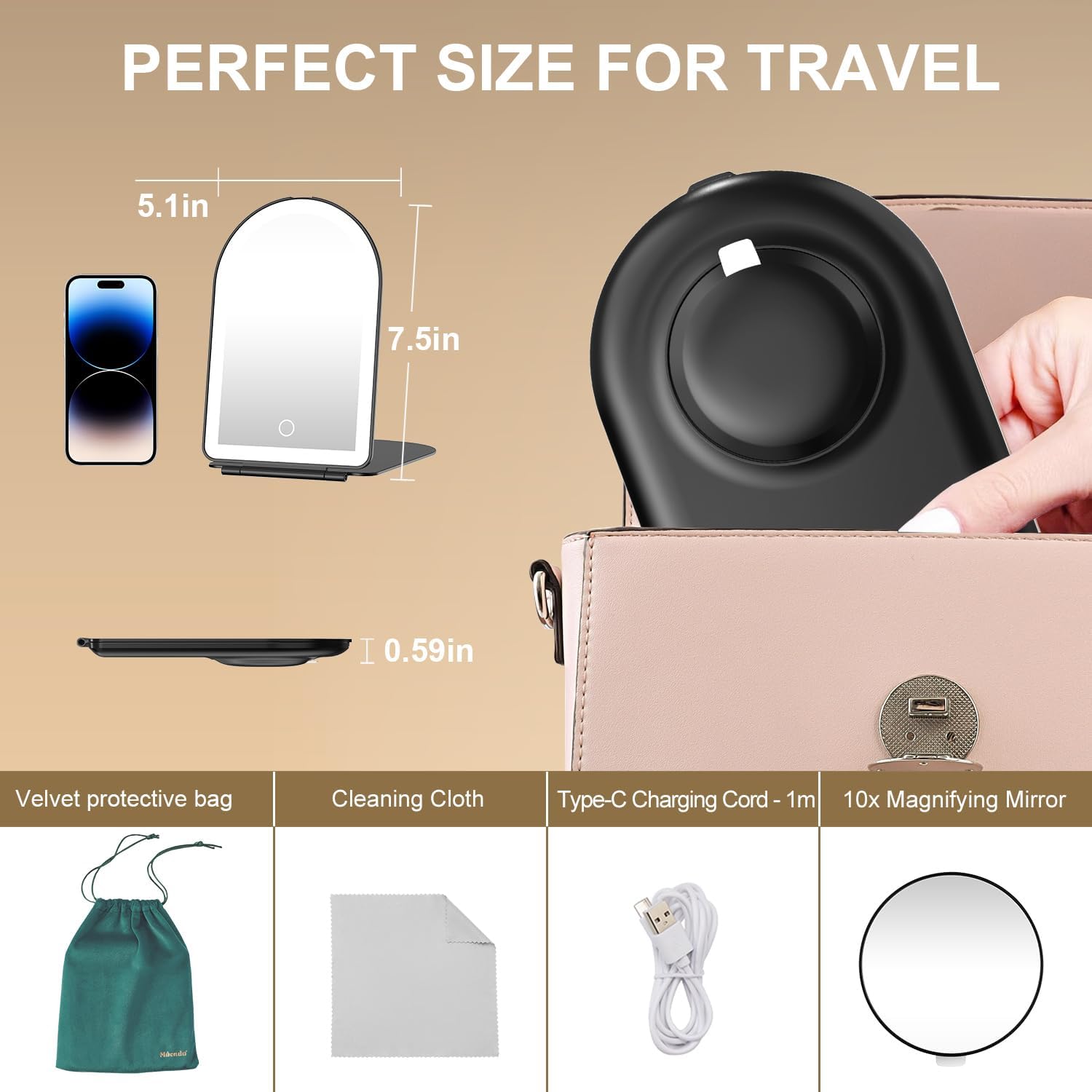 Mocado Travel Makeup Mirror with Light, 1x/10x Magnifying Mirror with Light, 3 Colors Lighted Magnifying Mirror, 2000mAh Rechargeable Lighted Makeup Mirror, Memory Function (Arched-Black)