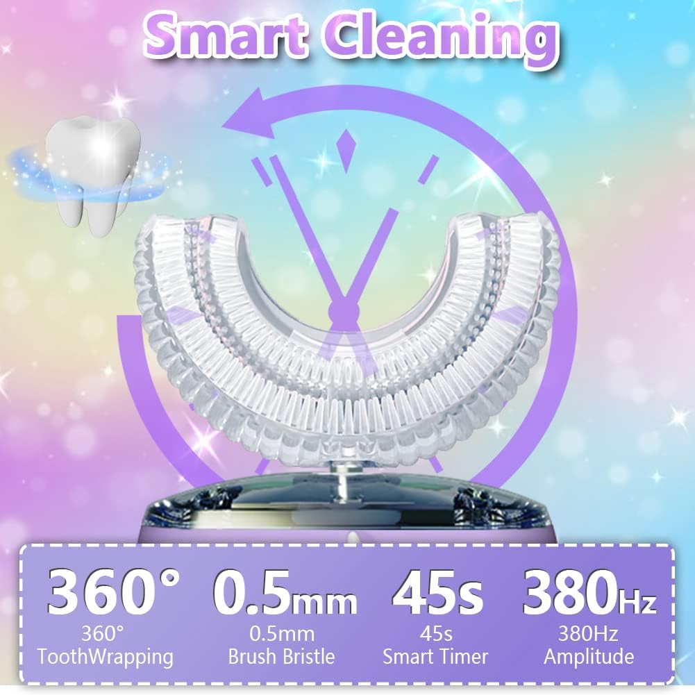 Kids U-Shaped Electric Toothbrush, Sonic Automatic Toothbrush with 4 Brush Heads, 360° Whole Mouth Cleaning Six Modes, Unicorn Design, IPX7 Waterproof, Rechargeable Birthday Gift (Purple, Kids 2-7)