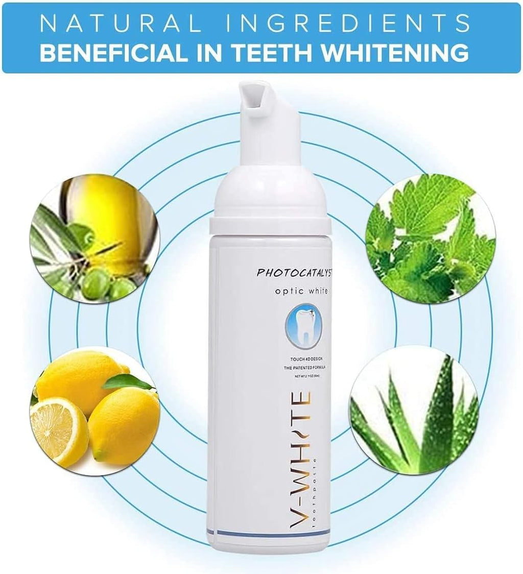 V-White Foam Teeth Whitening Toothpaste - Organic Toothpaste Fluoride Free, Alcohol Free, pH Balanced - Deep Cleansing, Stain Removal, Travel Friendly, for Kids & Adults (Large, Natural)