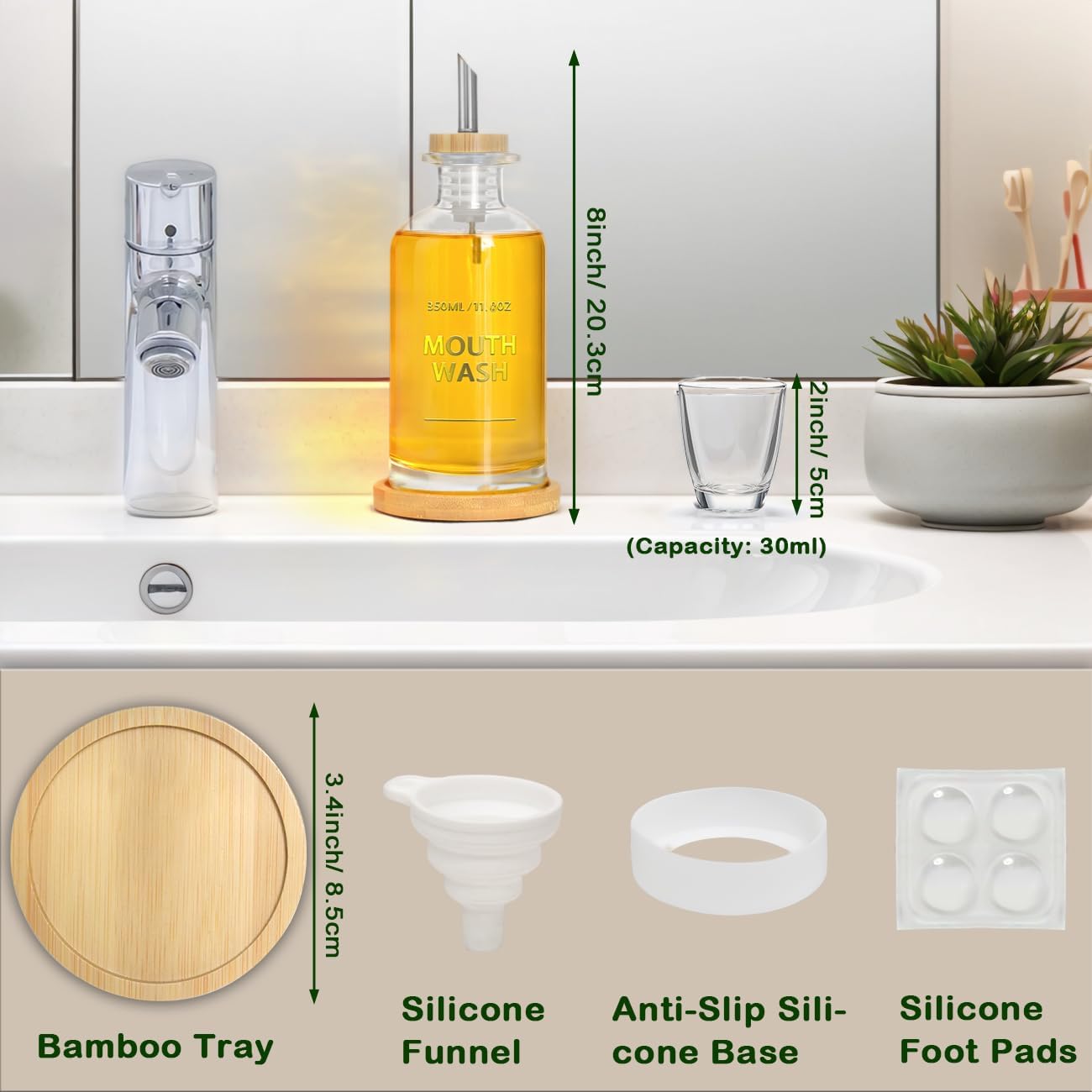 Mouthwash Dispenser for Bathroom 11.8oz – Clear Glass Mouthwash Bottle with Bamboo Tray, Silicone Base, Gold Hot-Stamped Lettering, Refillable Mouthwash Container for Bathroom (Clear)