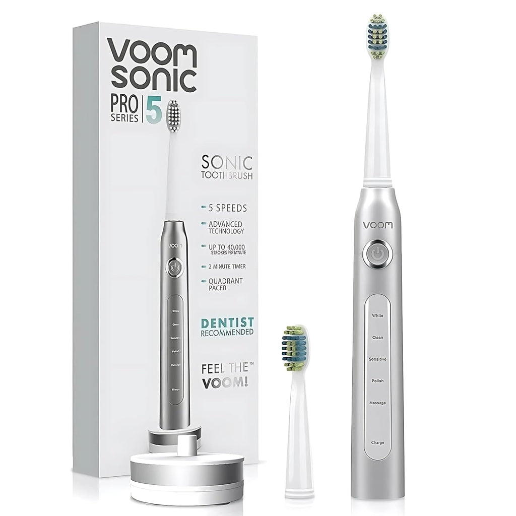 Voom Sonic Pro 5 Series Rechargeable Electronic Toothbrush, Dentist Recommended, Advanced Oral Care, 2 Minute Timer with Quadrant Pacing, 5 Adjustable Speeds, Soft Dupont Nylon Bristles, Silver