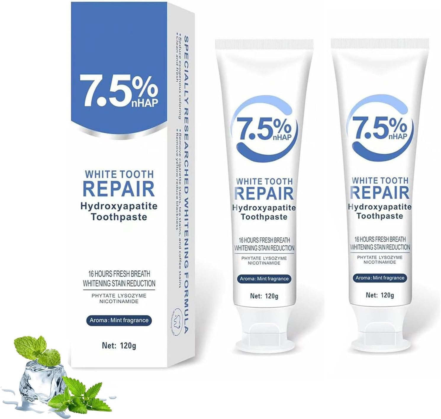 Hydroxyapatite Toothpastes for Enamel Protection and Tooth Strengthening, Fluoride-Free Formula for Sensitive Teeth, Gentle and Effective Formula, Gentle Mint, Fresh Breath (2PCS)