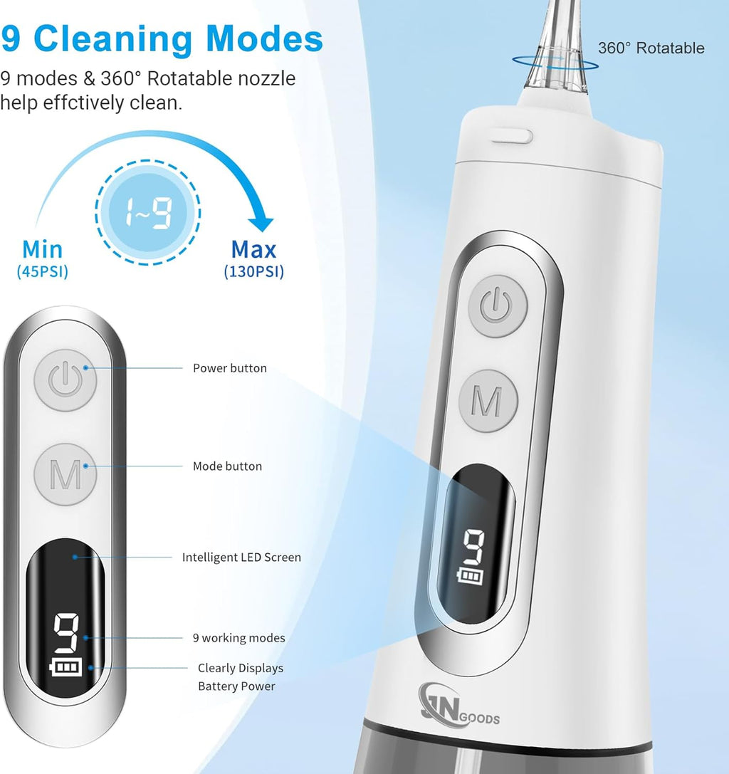 Water Dental Flosser Oral irrigator,JNGOODS 300ml Rechargeable Water flosser for Teeth IPX7 Waterproof 9 Modes Portable Oral Irrigator LED Display with 4 Jet Tips, Travel Home use (White)