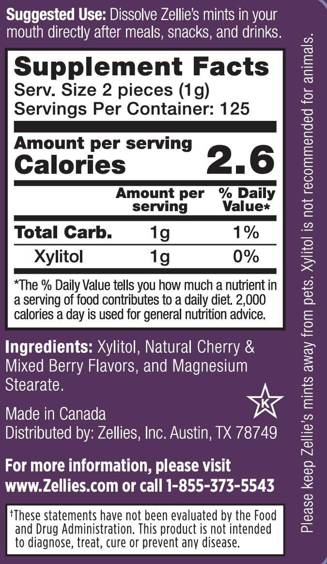 Zellie's | 100% Xylitol Cherry Berry Breath Mints | No Aspartame, Gluten Free, Vegan & Kosher Mints (250 Count - Pack of 1)