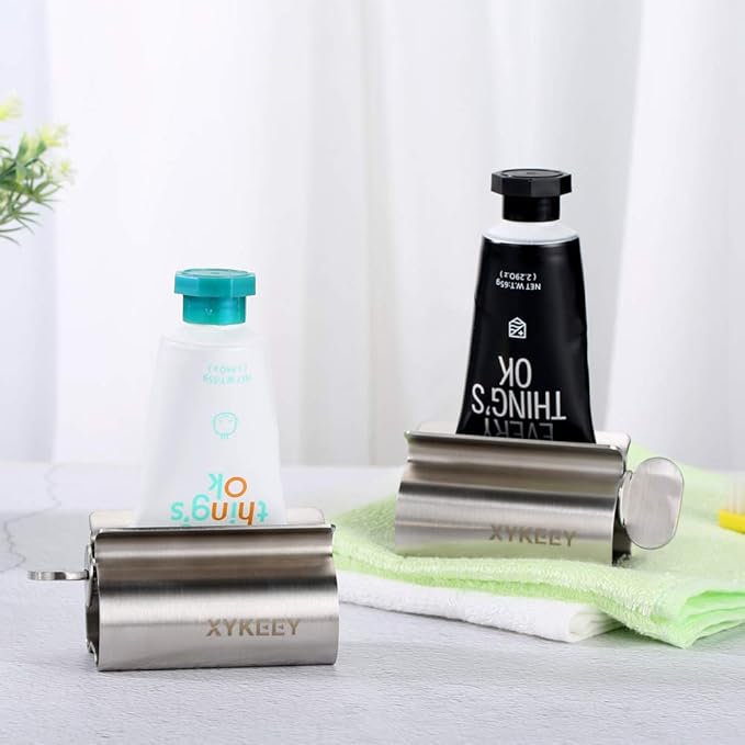 XYKEEY Set of 2 Toothpaste Squeezer Rollers, Metal Toothpaste Tube Wringer Seat Holder Stand (Stainless Steel)