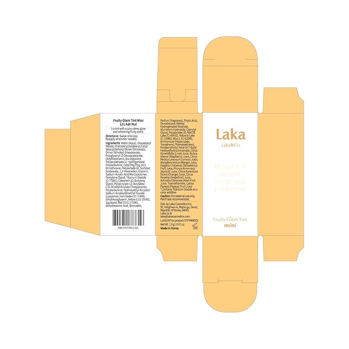 Laka Fruity Glam Lip Tint Mini, 1.9g/0.07oz, Glowing Lip Stain with Wide Color Spectrum, Hydrating & Lightweight Texture, Long-Lasting Bold Stain, Non-Sticky, Vegan, K-Beauty (#121 Ashnut)