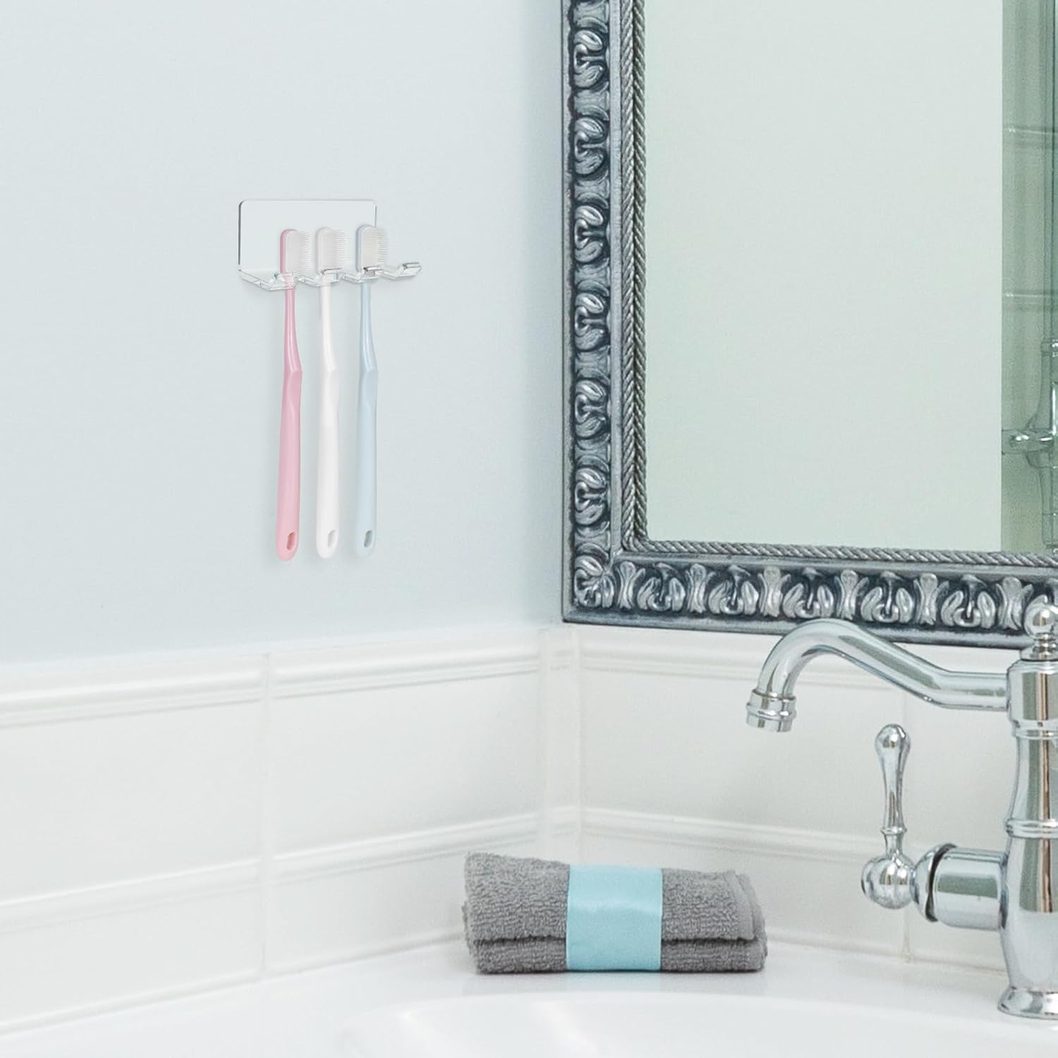 Self Adhesive Toothbrush Holders Wall Mounted, 3 Slots Electric Toothbrush Organizer for Shower, Multipurpose Rack Hanger for Power Plug, Razor, Key(Clear)