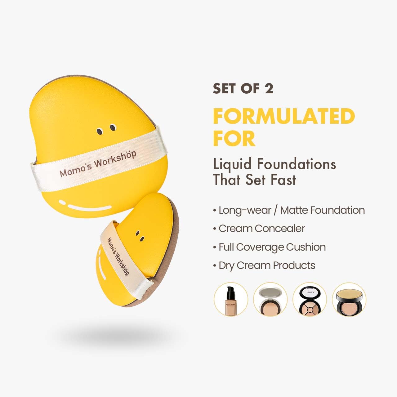 Momo's Workshop Mango Makeup Sponge Set- 2 Cosmetic Foundation Sponges, Dual-Textured for Wet/Dry Use, Pointed Tip for Detail Work, Includes Large & Medium Sizes & Storage Case