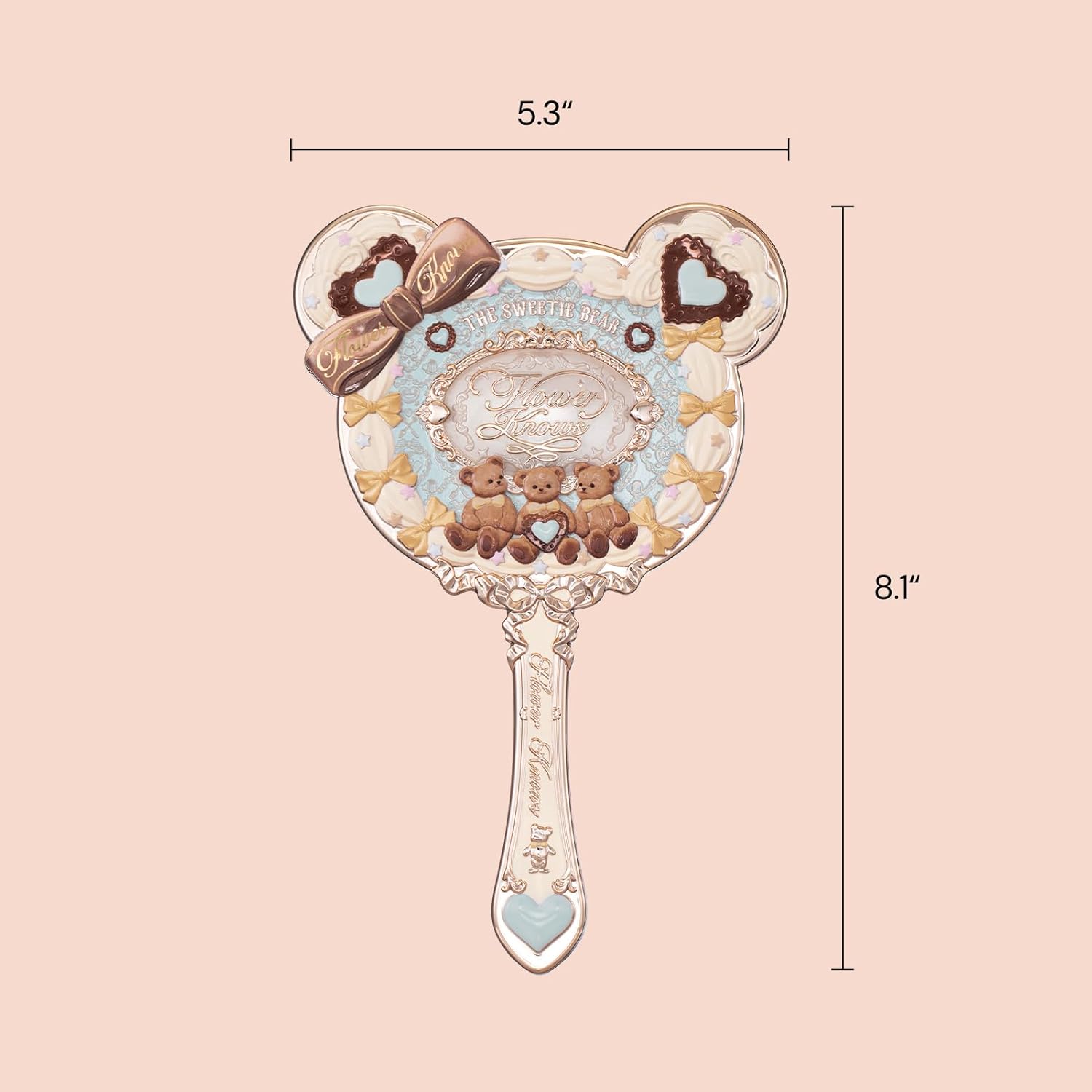 Flower Knows The Sweetie Bear Hand Mirror,Vintage Portable Handheld Mirror,Fancy & Pretty Princess Mirror with Long Handle,Gift for Girls(Minty Blue)