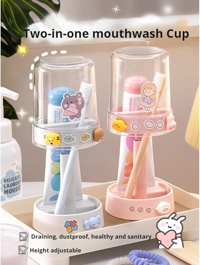 Kids Toothbrushes Holder with Cute Cup, with Kawaii Badge Sticker, Electric Toothbrush Holder for Kids Toddler, Tooth Brush Stand, Creative Bathroom Organizer Storage (Pink)