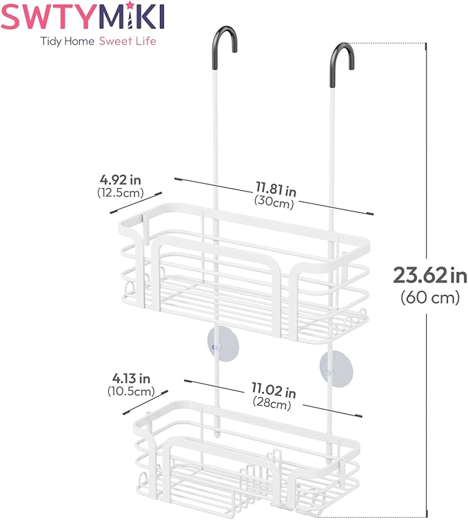 SWTYMIKI Shower Caddy Hanging Organizer - Over the Door Shower Caddy with Soap Holder, 11 Hooks, 2 Installation Ways, Stainless Steel Rustproof Bathroom Organizer, Black