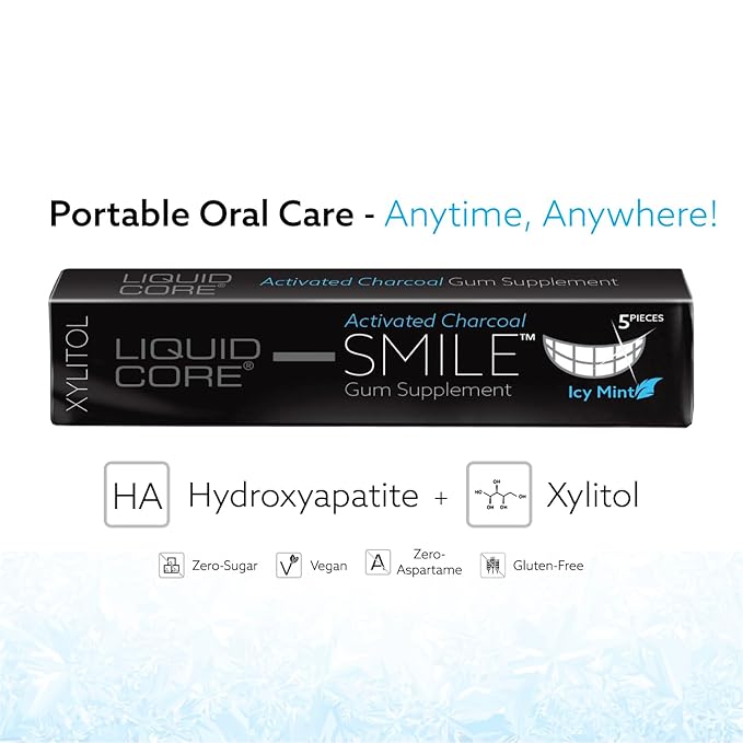 Liquid Core Smile Activated Charcoal Gum with MCT Oil, Hydroxyapatite, and Xylitol – Teeth Cleaning Gum, Icy Mint Sugar-Free (5 Pack)