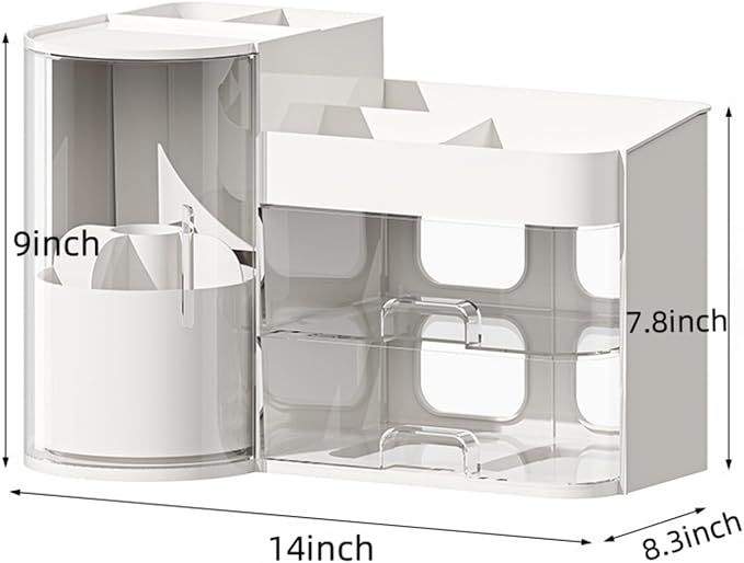 Makeup Organizer with Rotating Brush Holder Cosmetic Organizer with Drawers Countertop Skincare Organizer for Vanity,Cosmetic Display Case Storage (White, Large)