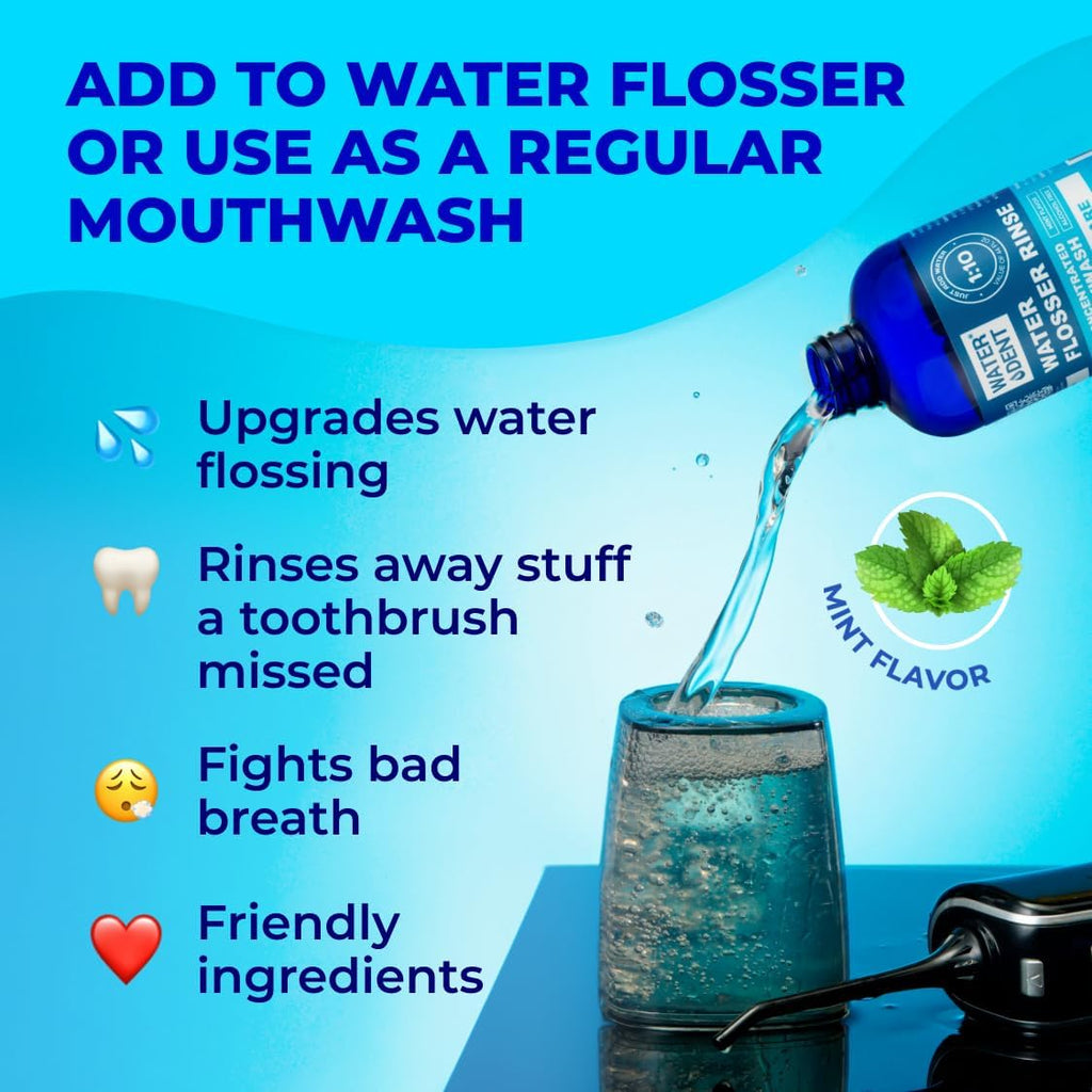 | Water Flosser Rinse, IRRIGANT, Concentrate Mouthwash | When dilluted1:10 = 44 fl.oz, Travel Size, Add to Oral irrigator, Mint Flavor, Alcohol & Fluoride Free. Made in USA | 4 fl.oz