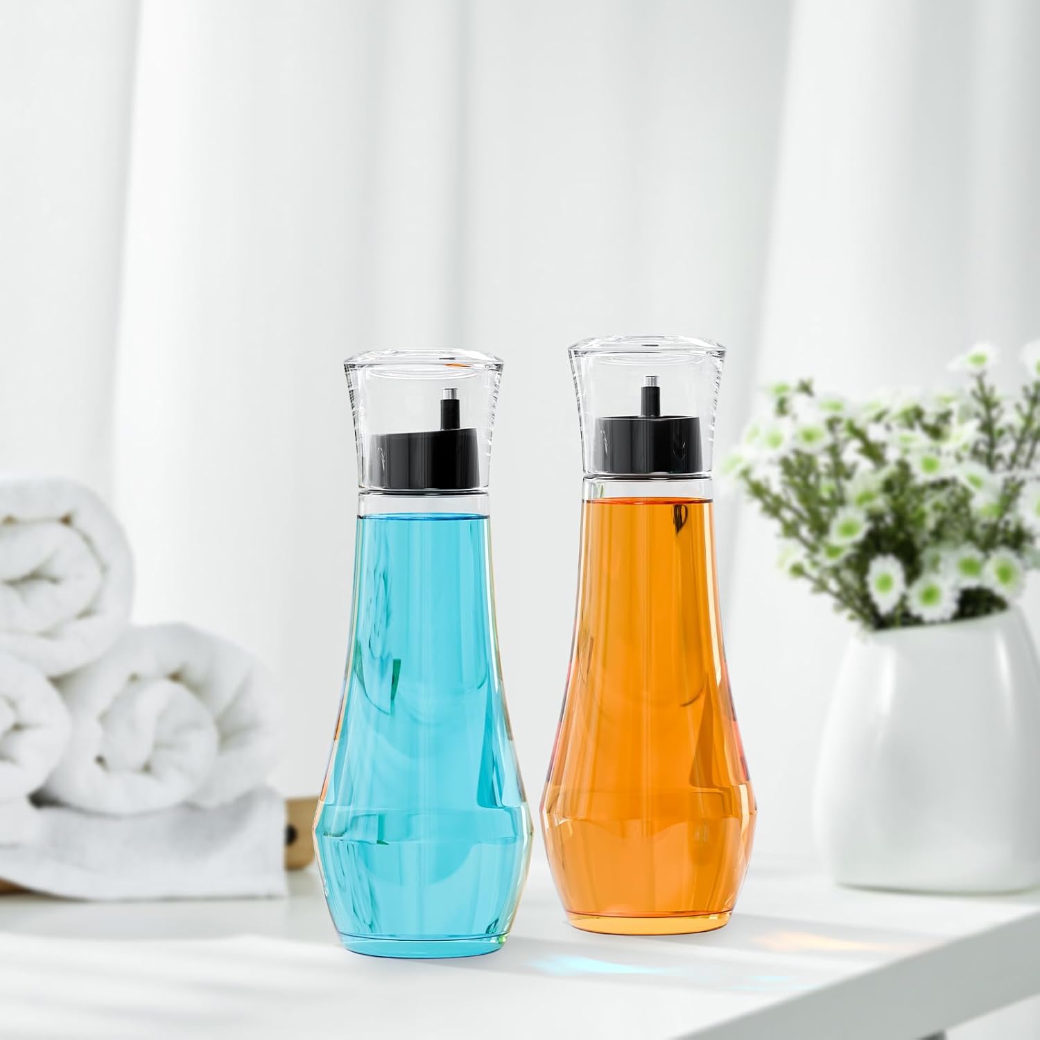 VITVITI Glass Mouthwash Dispenser for Bathroom, 8.8OZ Mouth Wash Container Bottle with Lid Cup, Small Clear Refillable Mouthwash Dispenser Decanter for Countertop, Black