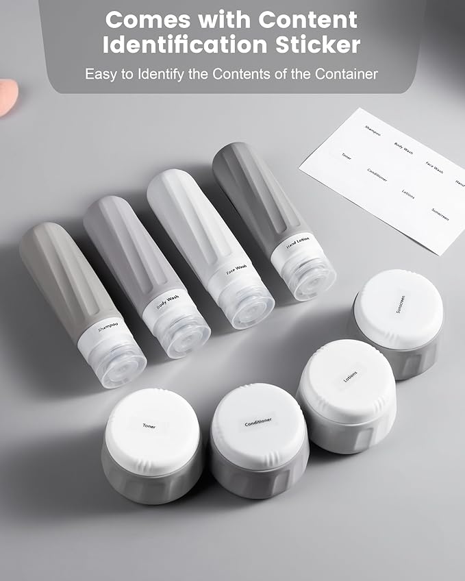 Travel Bottles for Toiletries 8 Pack, Travel Size Toiletries, Tsa Approved Travel Size Containers 3oz, with Travel Essentials Clear Bag, Leak Proof Silicone Squeezable Creams Jars