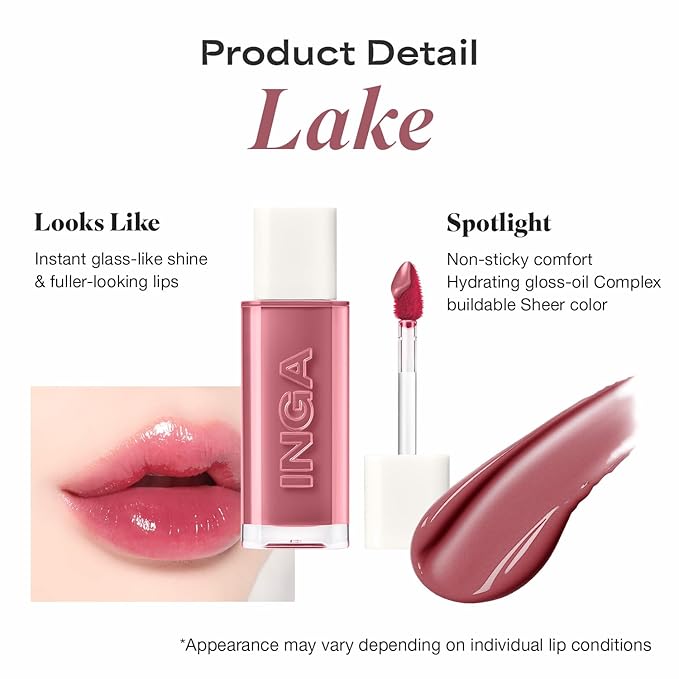 INGA Water Glow Lip Tint | Hydrating, Glossy Korean Lip Tint with Sheer Color & Glass-Like Shine | Long-Lasting, Non-Sticky Korean Lip Stain (LAKE)
