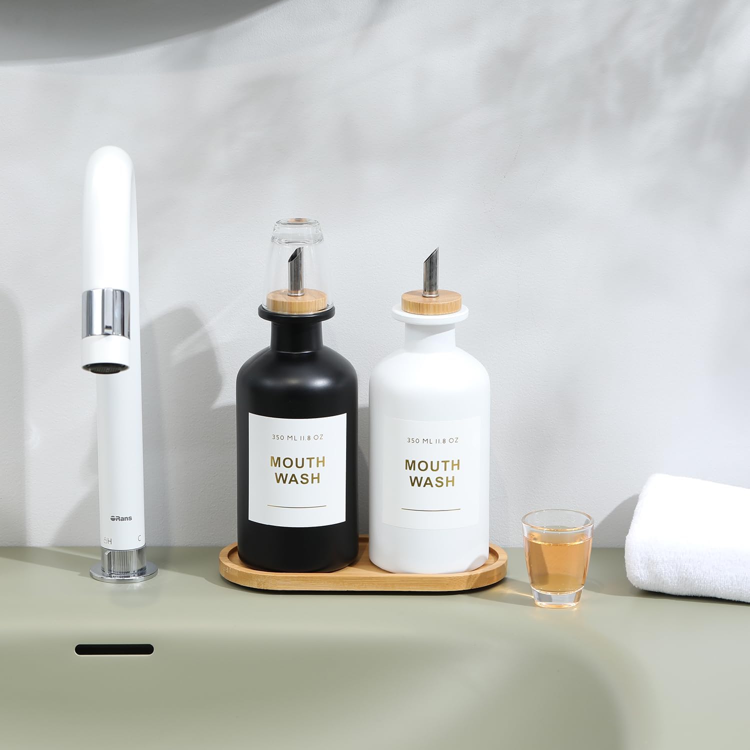 11.8OZ Mouthwash Dispenser for Bathroom with Bamboo & Stainless Steel Pour Spout, Mouthwash Cups Reusable, Bamboo Tray, and Elegant Gold Label. Set of 2（Black/White