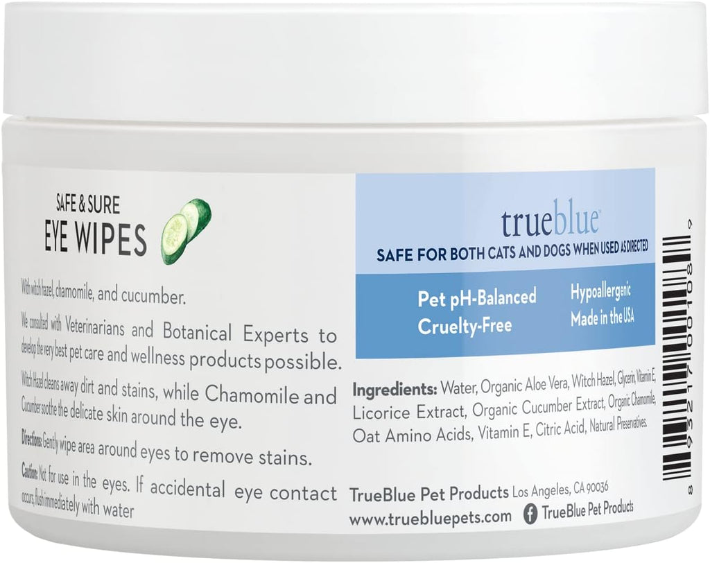 TrueBlue Cucumber & Chamomile Safe and Sure Dog Eye Wipes – Pre-Moistened Textured Pads for Tear Stain Eye Cleaning – Cleansing Eye Wipe for Dogs, Puppies – Non-Toxic, All-Natural – 50 Count