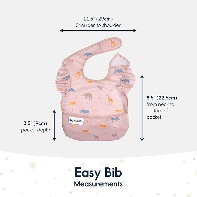 Tiny Twinkle Mess-Proof Baby Bibs for Eating | Waterproof, Wipeable Toddler Bibs with Catch-All Pocket | Feeding Bibs for Girls & Boys(3 Pack,Petite Safari)