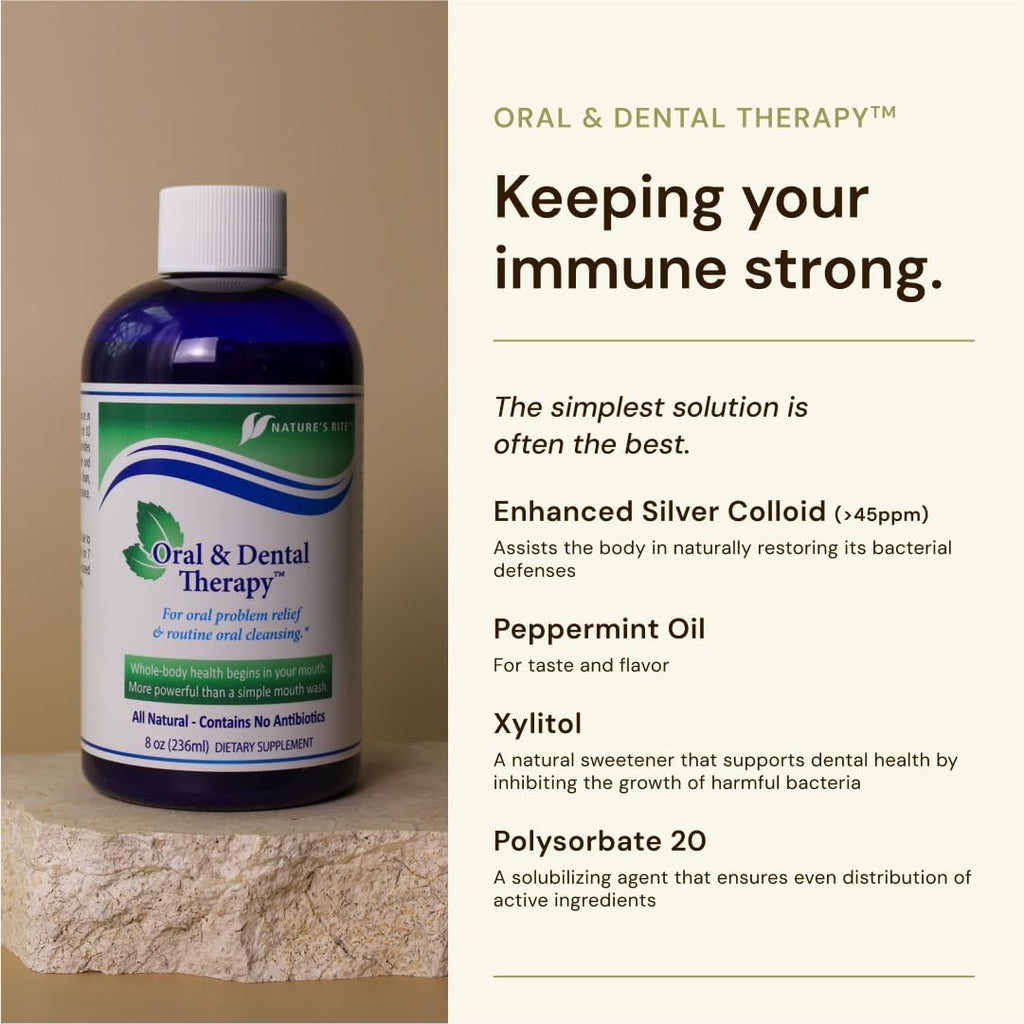Nature's Rite Oral and Dental Therapy - Mouthwash for Fresh Breath and Healthy Gums - All Natural Oral Care Solution - Polysorbate 20, Silver Colloid, Peppermint Oil - 236 ml
