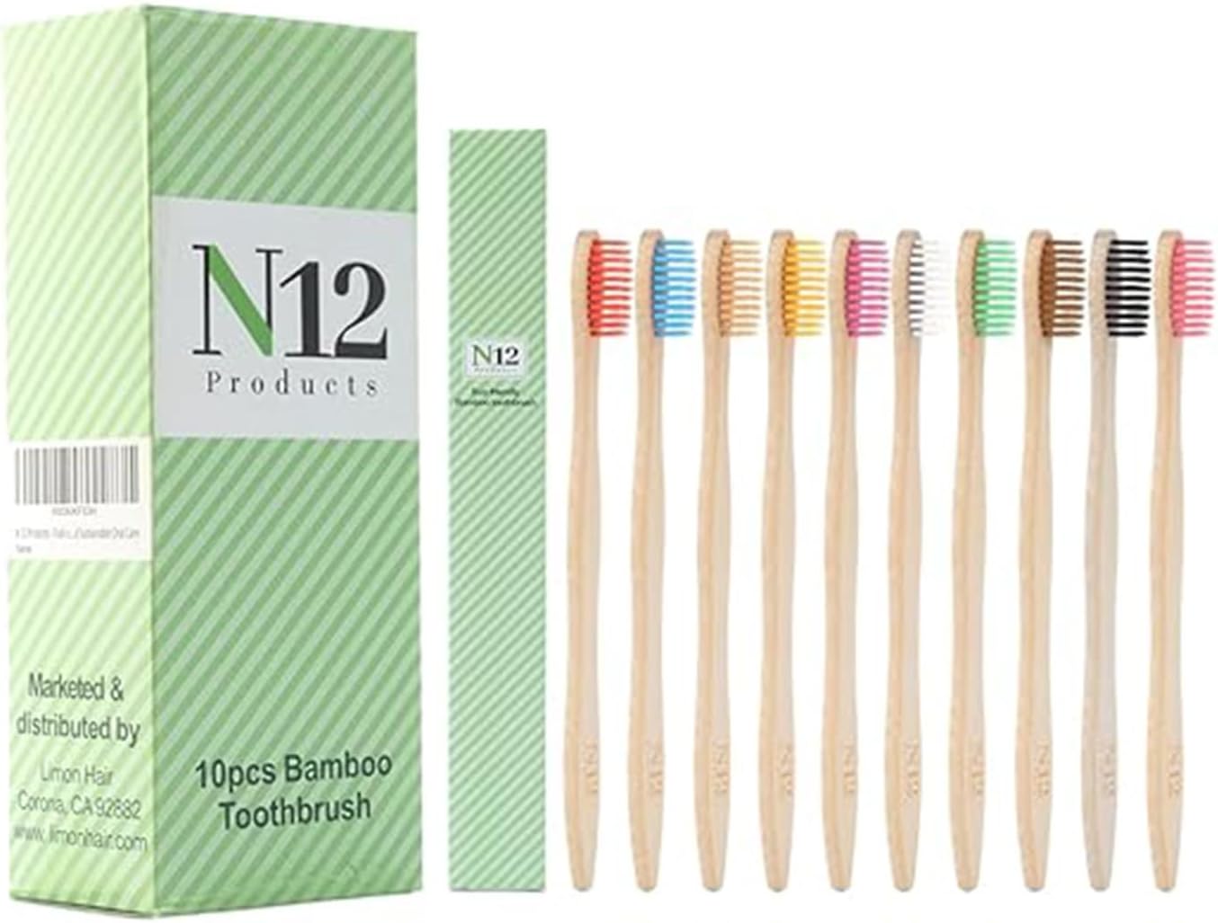 N12 Biodegradable Pack of 10 Bamboo Toothbrushes - Multicolored Charcoal BPA-Free Soft Bristol, Eco-Friendly, Sustainable Reusable Travel Tooth Brush