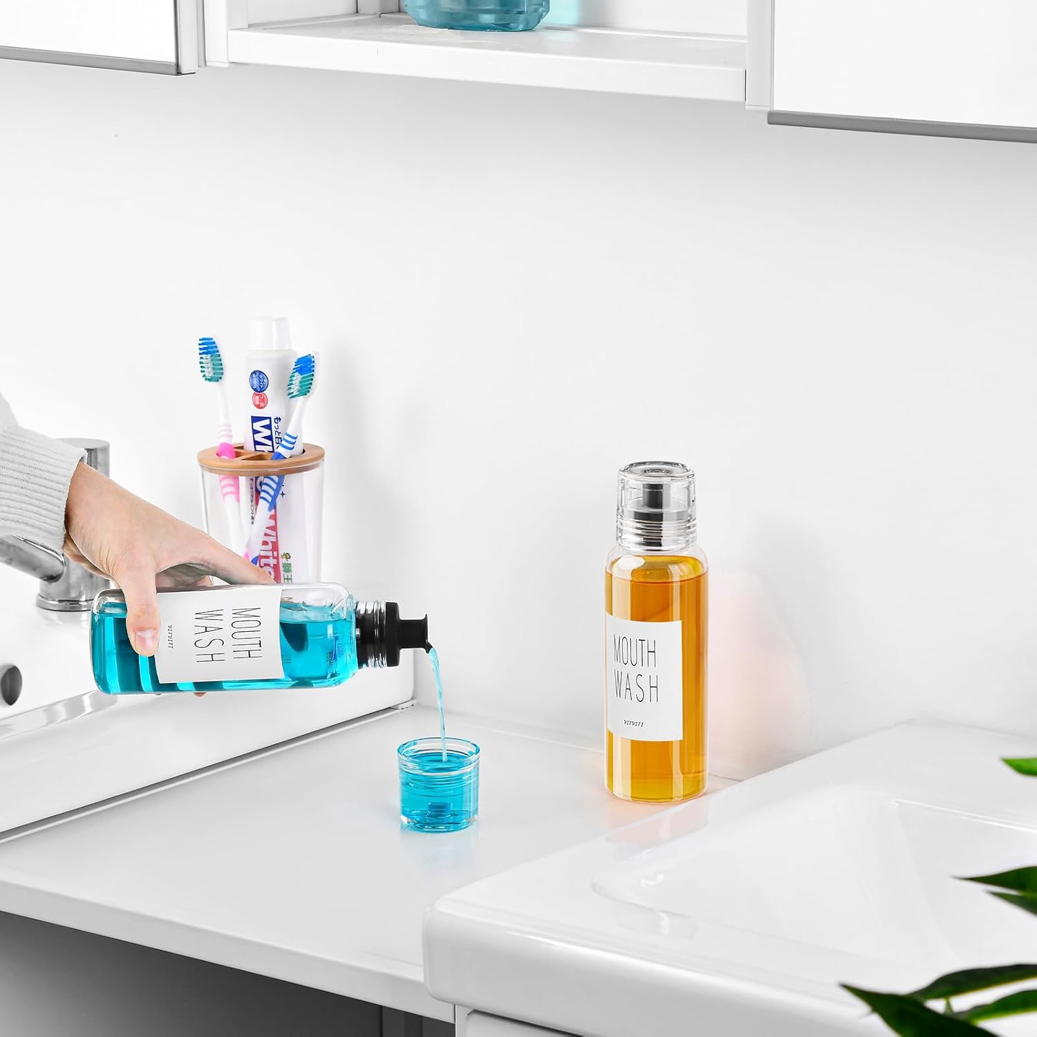 VITVITI Glass Mouthwash Dispenser for Bathroom, 10 OZ Mouth Wash Container Bottle with Lid Cup, Countertop Small Clear Refillable Mouthwash Dispensers Decanter, Set of 2 (Black)