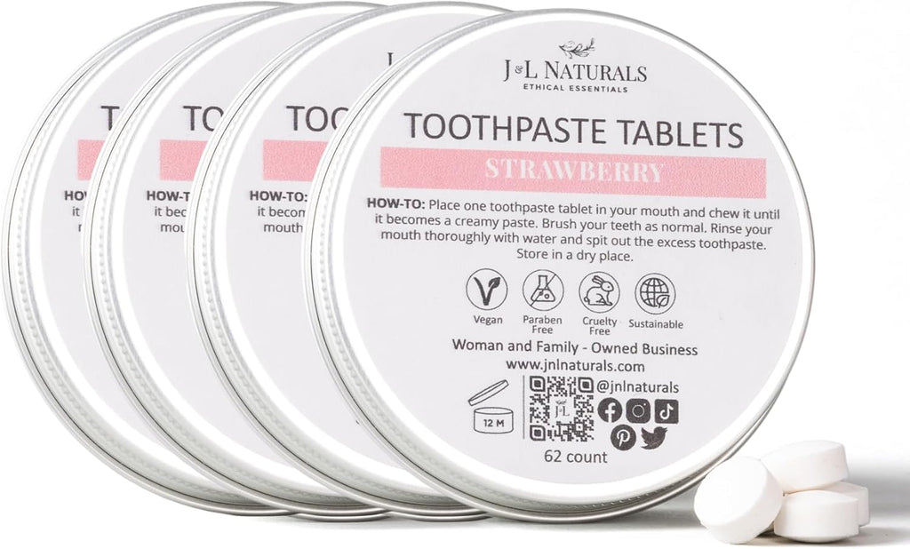 J&L Naturals Toothpaste Tablets | 62-Pack Travel-Friendly Toothpaste | Fluoride + Plastic Free, Vegan, Cruelty Free, Sustainable | Woman-Owned Small Business (Strawberry, 62 Count (Pack of 4))
