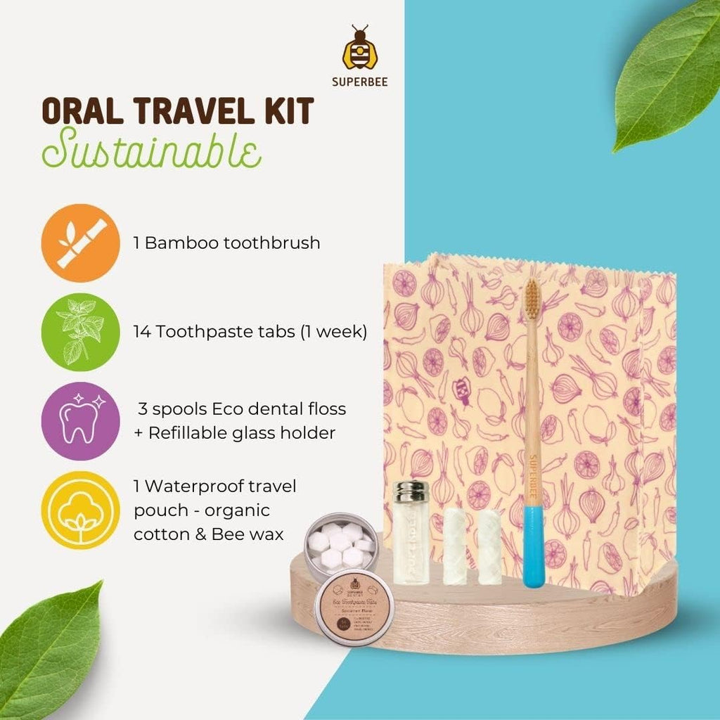SuperBee Travel kit with Dentos Toothpaste Tablets 14 tabs, Natural Floss, Soft Bristles Bamboo Toothbrush - Fluoride Free & Eco Friendly, Travel Size kit Plastic Free