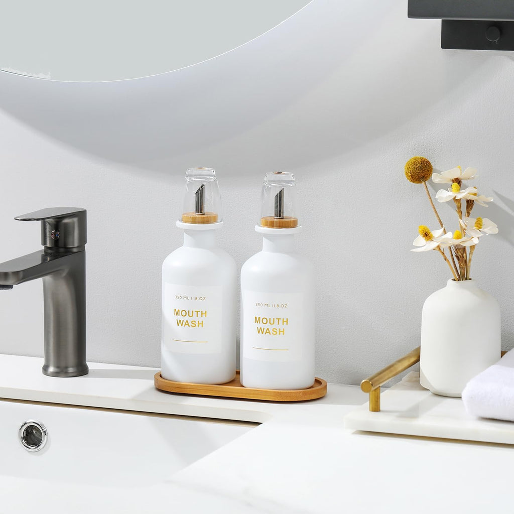 11.8OZ Mouthwash Dispenser for Bathroom with Bamboo & Stainless Steel Pour Spout, Mouthwash Cups Reusable, Bamboo Tray, and Elegant Gold Label. Set of 2（White