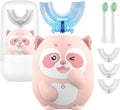 Kids Electric Toothbrush, U Shaped Toothbrush Kids Sonic Automatic Brush with 5 Brush Head 6 Sonic Clean Modes IPX7 Waterproof Raccoon Design Rechargeable Smart Timer for Children 2-7