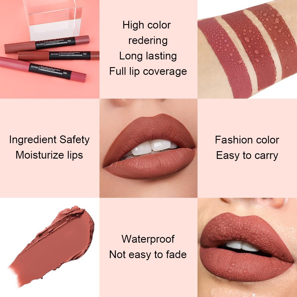 evpct 1Pcs Brown Matte Lipstick and Lip Crayon Liner Pencil Pen Set for Women Roll up Lip Liner Dark brown Lip Stain Long Lasting Waterproof labiales mate magicos 24 horas originales 06
