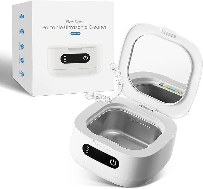 Viora Rechargeable 52kHz Ultrasonic Retainer Cleaner: Cordless Portable UV Dental Cleaning Pod for Invisalign, Denture, Mouthguard, Nightguard, Jewelry, with Mirror, USB-C Travel Cleaning Kit&Tablets