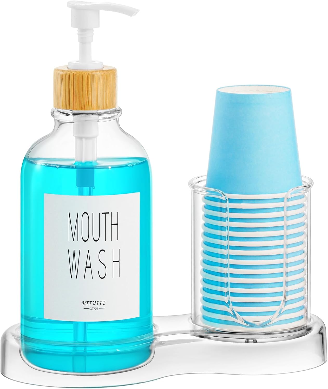 VITVITI Mouthwash Dispenser for Bathroom, Mouth Wash Dispenser Container with Paper Cup Holder, 17OZ Plastic Refillable Pump Mouthwash Bottle Decanter with Tray (Clear)