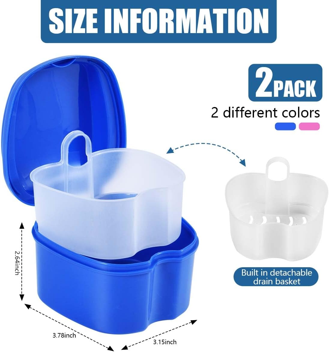 2 Pack Colors Denture Bath Case Cup Box Holder Storage Soak Container with Strainer Basket for Travel Cleaning (Blue and Pink)
