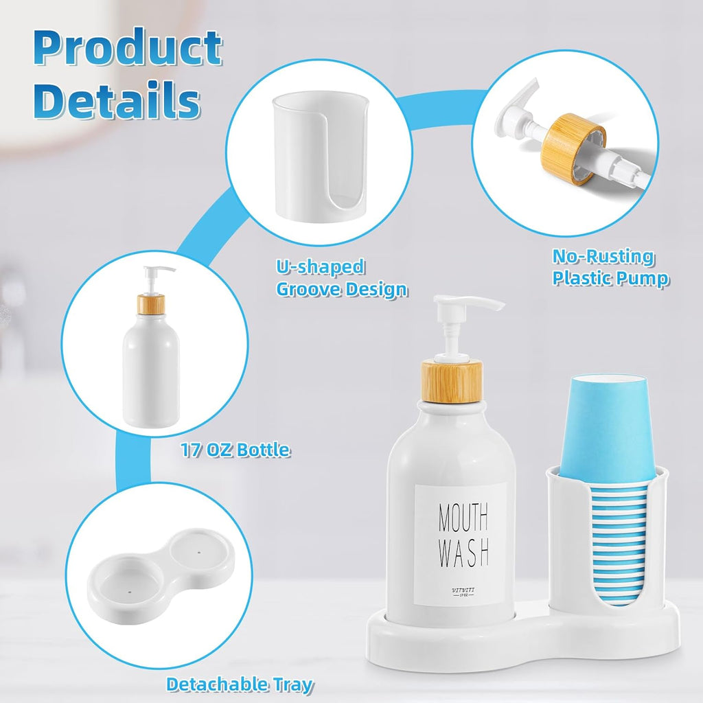 VITVITI Mouthwash Dispenser for Bathroom, Mouth Wash Dispenser Container with Paper Cup Holder, 17OZ Plastic Refillable Pump Mouthwash Bottle Decanter with Tray (White)