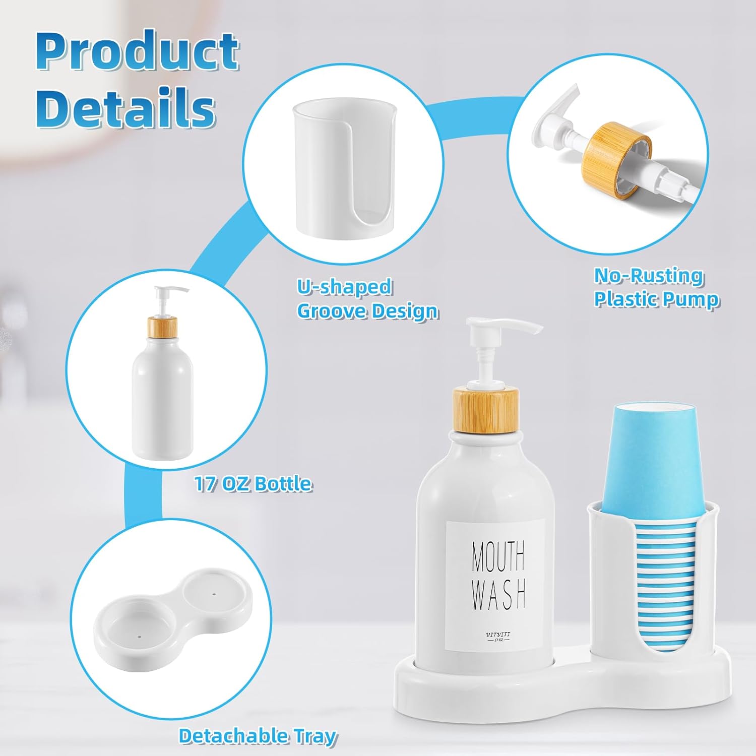 VITVITI Mouthwash Dispenser for Bathroom, Mouth Wash Dispenser Container with Paper Cup Holder, 17OZ Plastic Refillable Pump Mouthwash Bottle Decanter with Tray (White)
