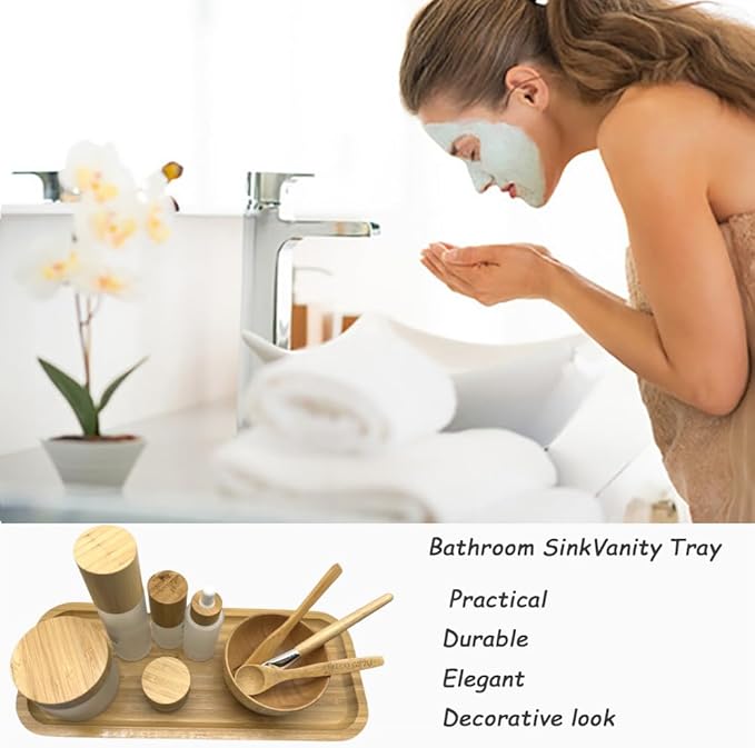 Wood Vanity Tray, Bathroom Counter Solid Bamboo Organizer, Toilet Tank Top Wooden Serving Plate for Dinner Tea Coffee (Natural Bamboo Color, 14 x 5.9 inch)