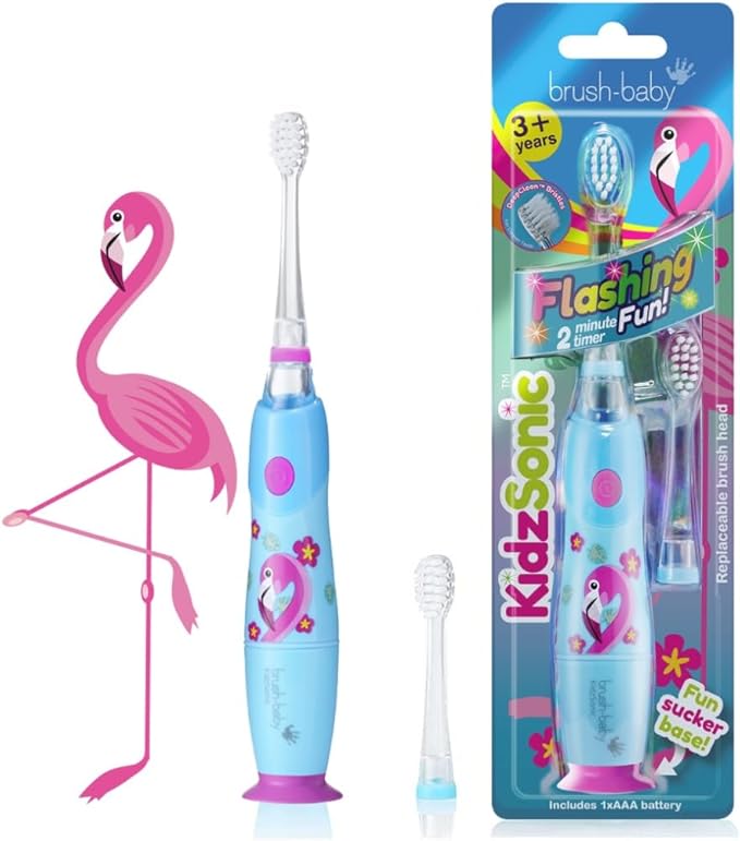 brush-baby - KidzSonic Flamingo Kids Electric Toothbrush for Ages 3+ with Disco LED Lights, Gentle Sonic Vibrations, 2-Minute Smart Timer & 30‑Second Pulse Reminders – AAA Battery Included