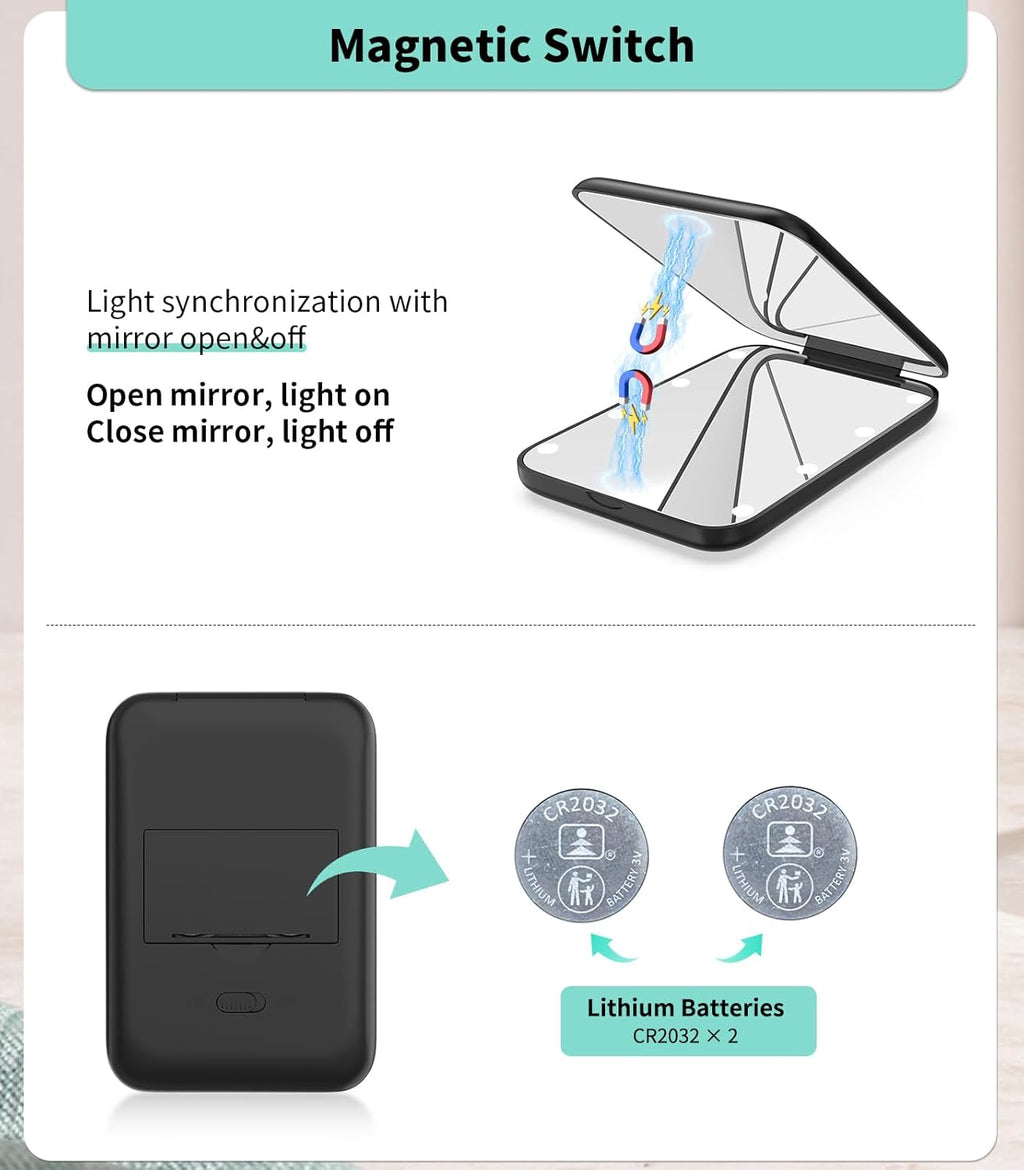 WOBSION Small Mirror with Lights,LED Compact Makeup Mirror,1x/3x Mini Travel Mirror with Magnification,Portable for Purse,Pocket,Gifts for Girls,Black