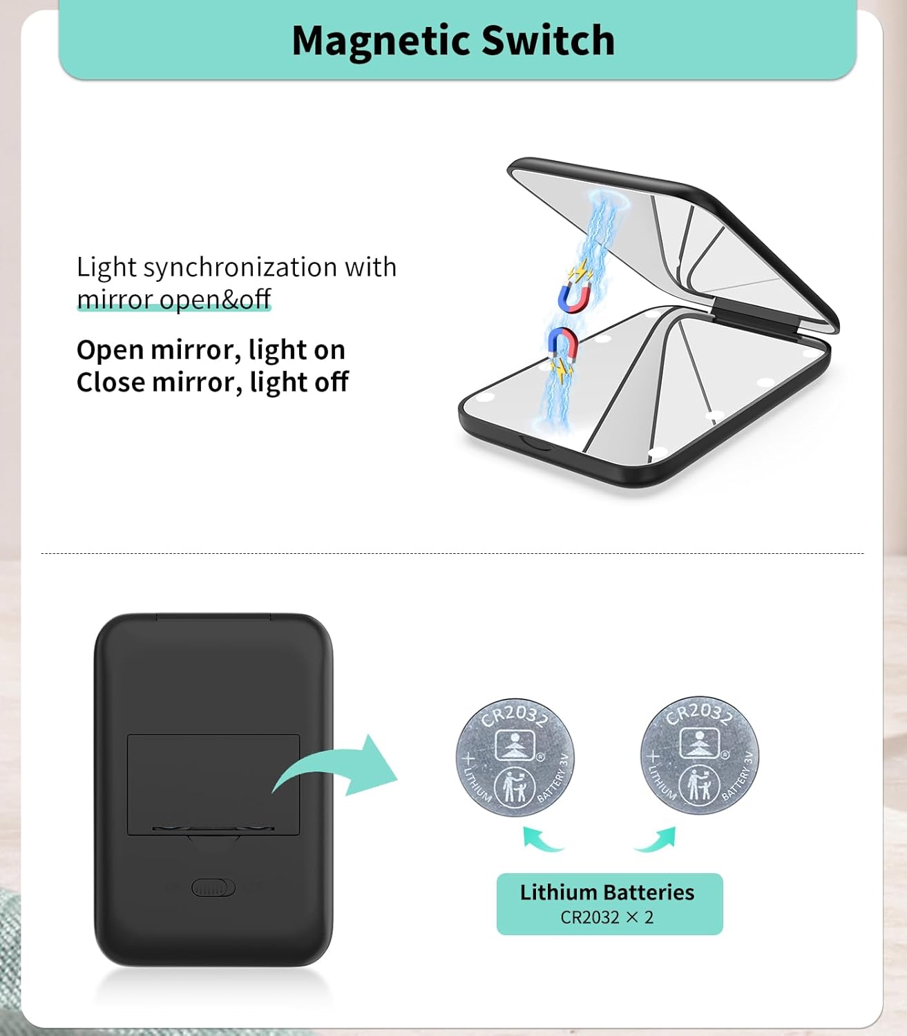 WOBSION Small Mirror with Lights,LED Compact Makeup Mirror,1x/3x Mini Travel Mirror with Magnification,Portable for Purse,Pocket,Gifts for Girls,Black